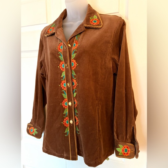 Bob Mackie Tops - Bob Mackie Wearable Art Brown Corduroy Embroidered Button Down Shirt Top Medium